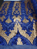 4 Way Stretch - Royal Blue and Gold - Two Tone Flower Design Sequins On Stretch Mesh By The Yard