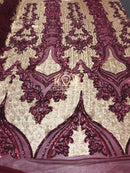 4 Way Stretch - Burgundy and Gold - Two Tone Flower Design Sequins On Stretch Mesh By The Yard