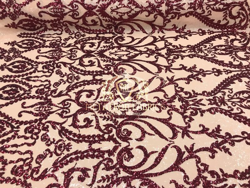 Two Tone Sequins - Burgundy / Nude - 4 Way Stretch Fancy Design Mesh Fabric Sold By The Yard
