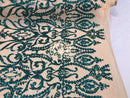 Two Tone Sequins - Teal / Nude - 4 Way Stretch Fancy Design Mesh Fabric Sold By The Yard