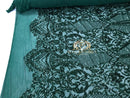 Sequins - Hunter Green - 4 Way Stretch Fancy Fabric Embroidered On Mesh Sold By The Yard