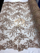 Beaded - Champagne - Fancy Flower Design Sequins Fabric with Beads Sold By The Yard