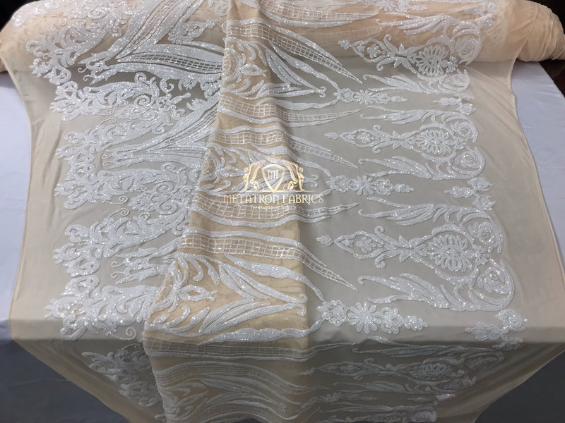 Big Damask Sequins Fabric - White on Nude Mesh - 4 Way Stretch Damask Sequins Design Fabric By Yard