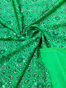 Bandana Print Fabrics - Kelly Green - Lycra Spandex Bandana Fabric Sold By The Yard