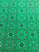 Bandana Print Fabrics - Kelly Green - Lycra Spandex Bandana Fabric Sold By The Yard