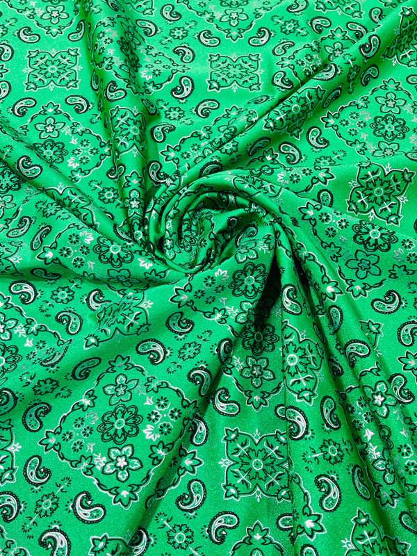 Bandana Print Fabrics - Kelly Green - Lycra Spandex Bandana Fabric Sold By The Yard