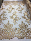 Damask Lace - Floral Damask Design Embroidered on Mesh Lace Fabric - 25 Yard Roll