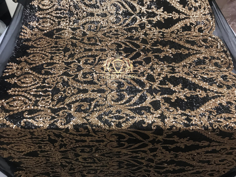 Two Tone Sequins - Black / Gold - 4 Way Stretch Fancy Design Mesh Fabric Sold By The Yard