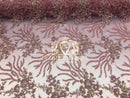Beaded - Pink - Fancy Flower Design Sequins Fabric with Beads Sold By The Yard
