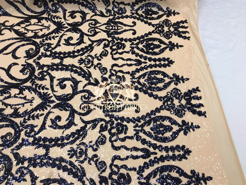 Two Tone Sequins - Navy / Nude - 4 Way Stretch Fancy Design Mesh Fabric Sold By The Yard