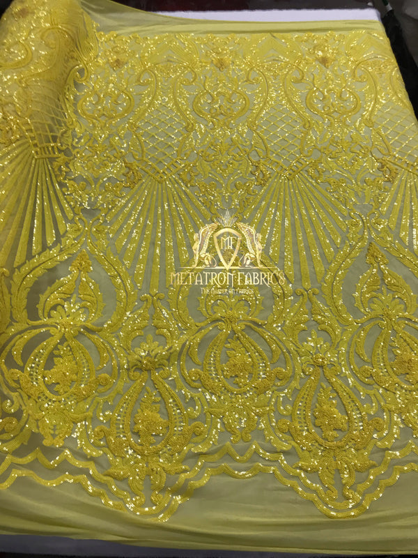 Sequins - Yellow - 4 Way Stretch Damask Design Fabric On Stretch Mesh By The Yard