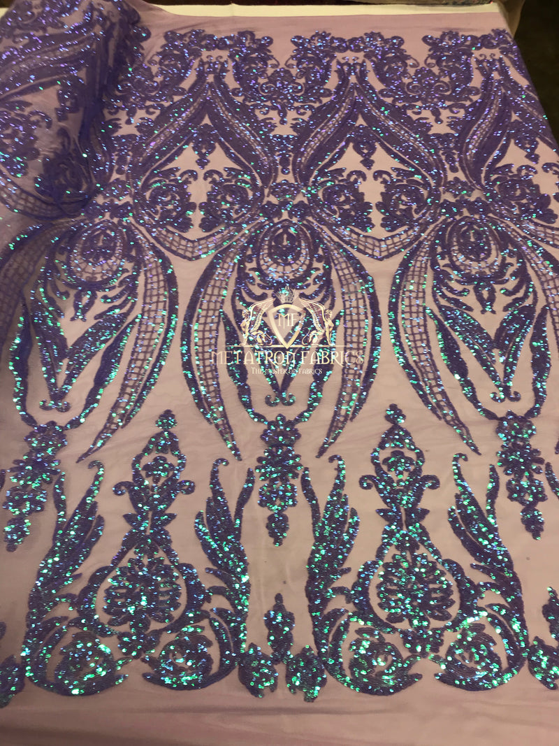 Big Damask Sequins Fabric - Iridescent Lilac - 4 Way Stretch Damask Sequins Design Fabric By Yard