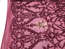 4 Way Stretch - Burgundy - Sequins Damask Design Fabric Embroidered On Mesh Sold By The Yard