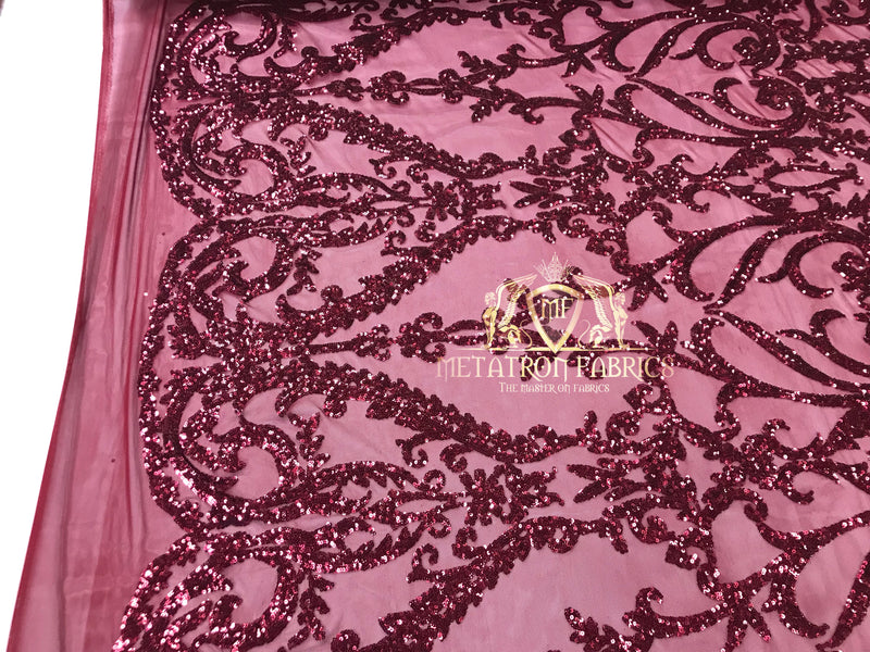 4 Way Stretch - Burgundy - Sequins Damask Design Fabric Embroidered On