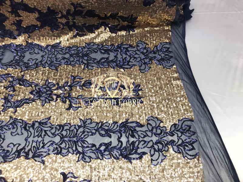 4 Way Stretch - Navy and Gold - Two Tone Flower Design Sequins On Stretch Mesh By The Yard