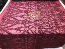 4 Way Stretch - Burgundy - Sequins Damask Design Fabric Embroidered On Mesh Sold By The Yard