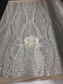 4 Way Stretch - Silver  - Horizontal Line Design Sequins On Stretch Mesh By The Yard