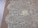 Sequins - White on Nude Mesh - 4 Way Stretch Fancy Fabric Embroidered On Mesh Sold By The Yard