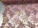 Beaded - Pink - Fancy Flower Design Sequins Fabric with Beads Sold By The Yard