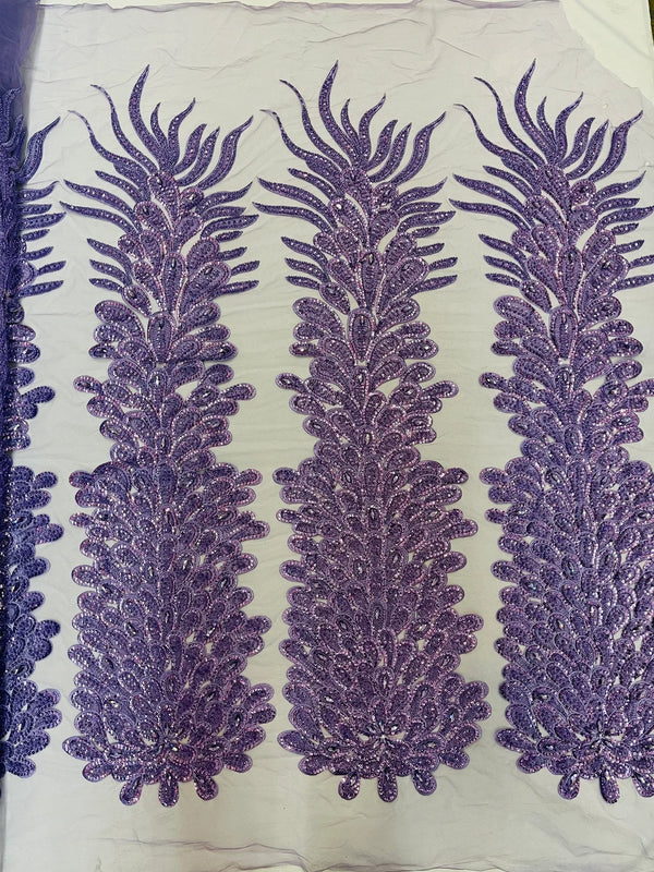 3D Beaded Peacock Feathers - Lavender - Vegas Design Embroidered Sequins and Beads On a Mesh Lace Fabric (Choose The Panels)