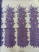 3D Beaded Peacock Feathers - Vegas Design Embroidered Sequins and Beads On a Mesh Lace Fabric - 15 Yard Roll