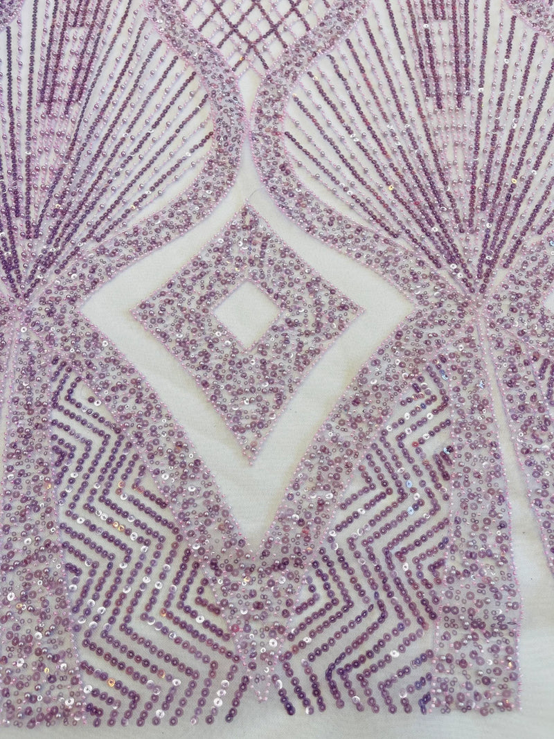 Beaded Diamond Design Fabric - Lavender - Beaded Embroidered Diamond Zig Zag Design on Mesh By Yard