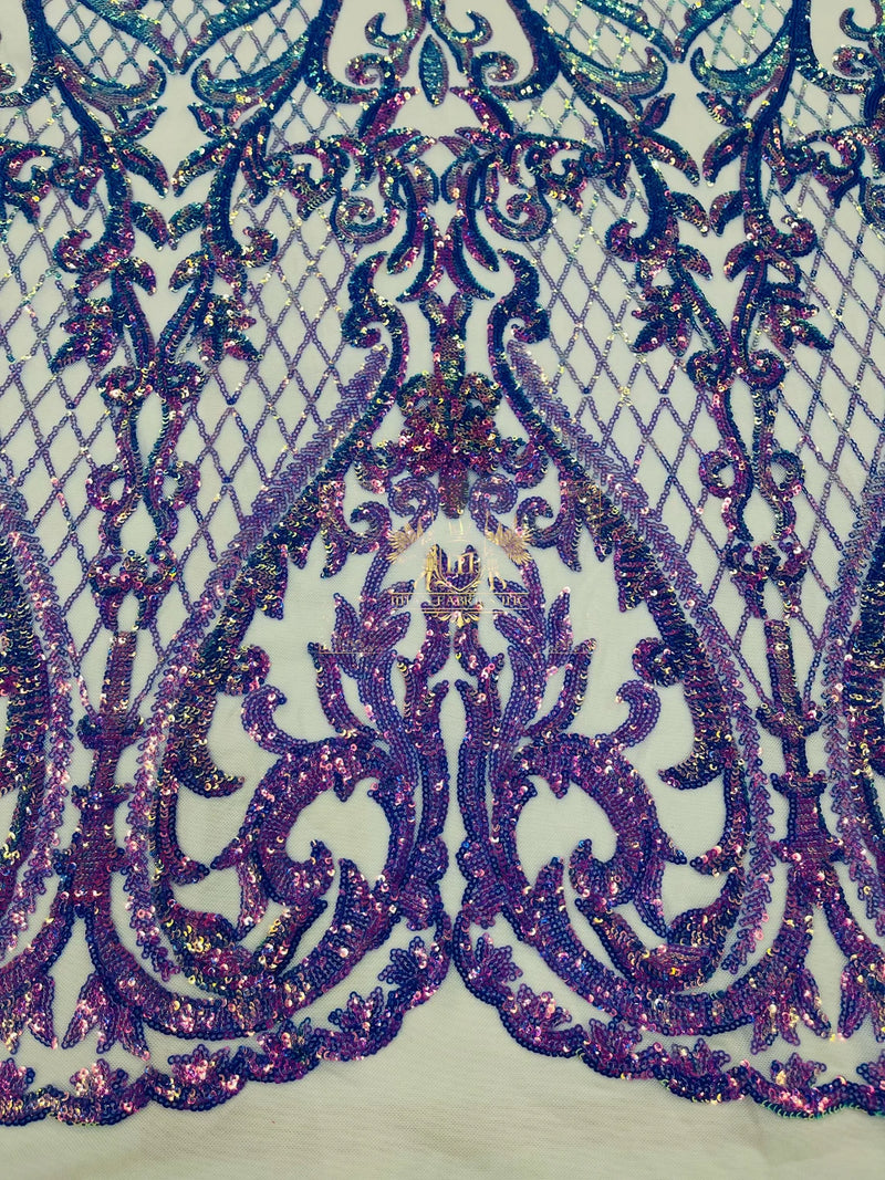 Heart Damask Sequins - Lavender - 4 Way Stretch Elegant Shiny Net Sequins Fabric By Yard