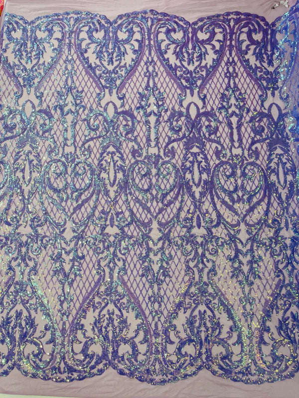 Heart Damask Sequins - Lavender - 4 Way Stretch Elegant Shiny Net Sequins Fabric By Yard