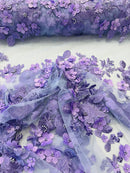Floral 3D Rose Fabric - Lavender - Embroided Rose Flower Design Fabric Sold by Yard