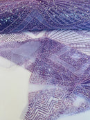 Beaded Diamond Design Fabric - Lavender - Beaded Embroidered Diamond Zig Zag Design on Mesh By Yard
