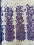 3D Beaded Peacock Feathers - Lavender - Vegas Design Embroidered Sequins and Beads On a Mesh Lace Fabric (Choose The Panels)