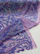 Heart Damask Sequins - Lavender - 4 Way Stretch Elegant Shiny Net Sequins Fabric By Yard