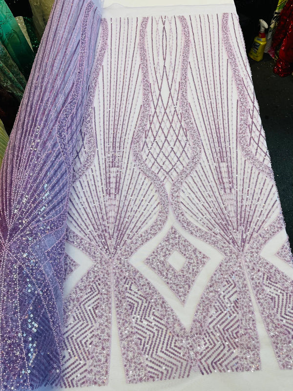 Beaded Diamond Design Fabric - Lavender - Beaded Embroidered Diamond Zig Zag Design on Mesh By Yard