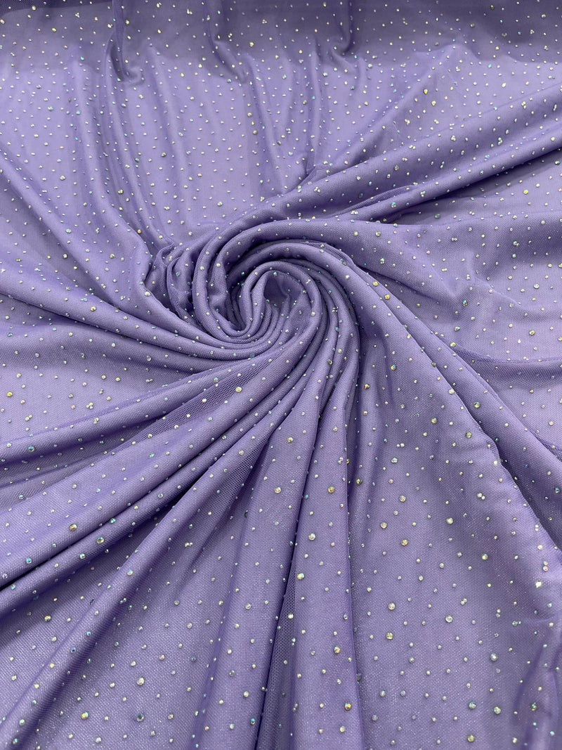 Power Mesh Polyester Rhinestone Fabric - Lavender - 4 Way Stretch Power Mesh Fabric Crystal Stones By Yard