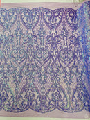 Heart Damask Sequins - Lavender - 4 Way Stretch Elegant Shiny Net Sequins Fabric By Yard