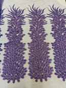3D Beaded Peacock Feathers - Lavender - Vegas Design Embroidered Sequins and Beads On a Mesh Lace Fabric (Choose The Panels)