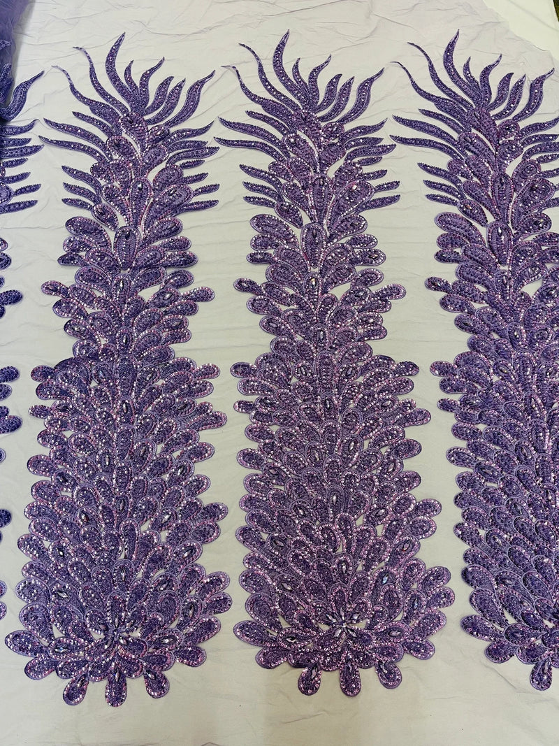 3D Beaded Peacock Feathers - Lavender - Vegas Design Embroidered Sequins and Beads On a Mesh Lace Fabric (Choose The Panels)