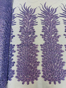 3D Beaded Peacock Feathers - Lavender - Vegas Design Embroidered Sequins and Beads On a Mesh Lace Fabric (Choose The Panels)