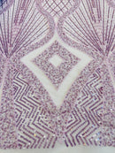 Beaded Diamond Design Fabric - Lavender - Beaded Embroidered Diamond Zig Zag Design on Mesh By Yard