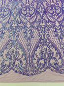 Heart Damask Sequins - Lavender - 4 Way Stretch Elegant Shiny Net Sequins Fabric By Yard