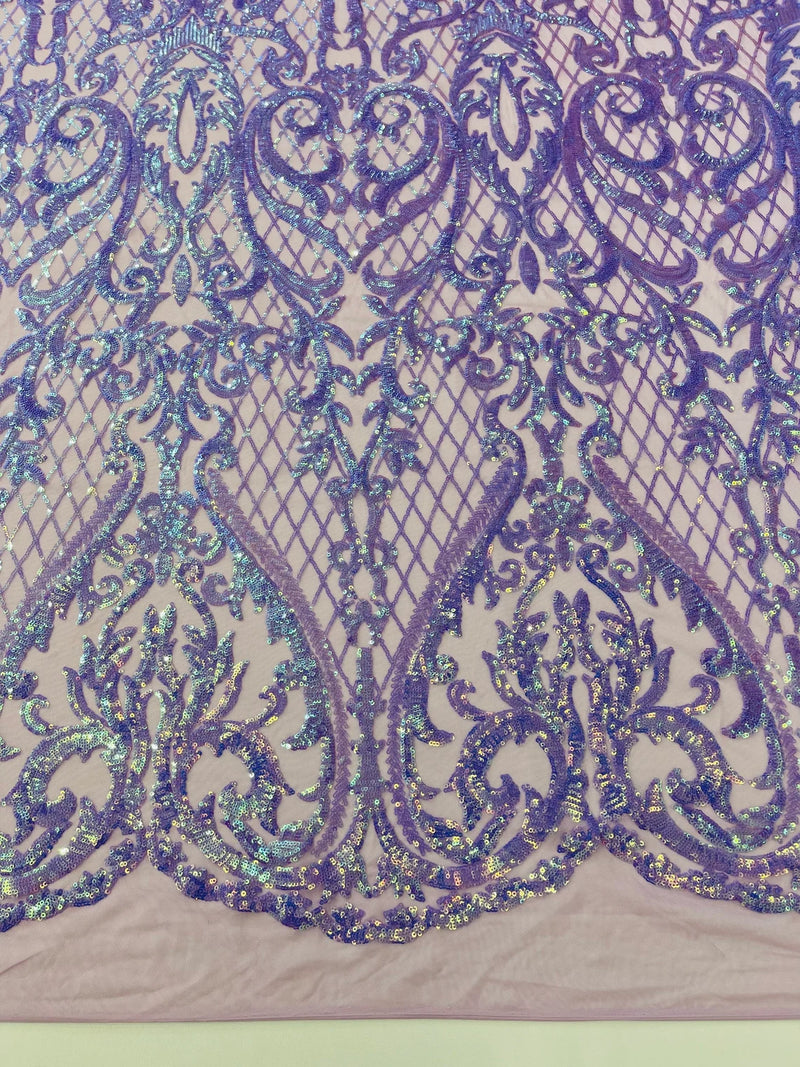 Heart Damask Sequins - Lavender - 4 Way Stretch Elegant Shiny Net Sequins Fabric By Yard