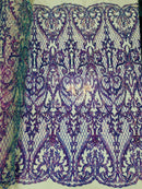 Heart Damask Sequins - Lavender - 4 Way Stretch Elegant Shiny Net Sequins Fabric By Yard