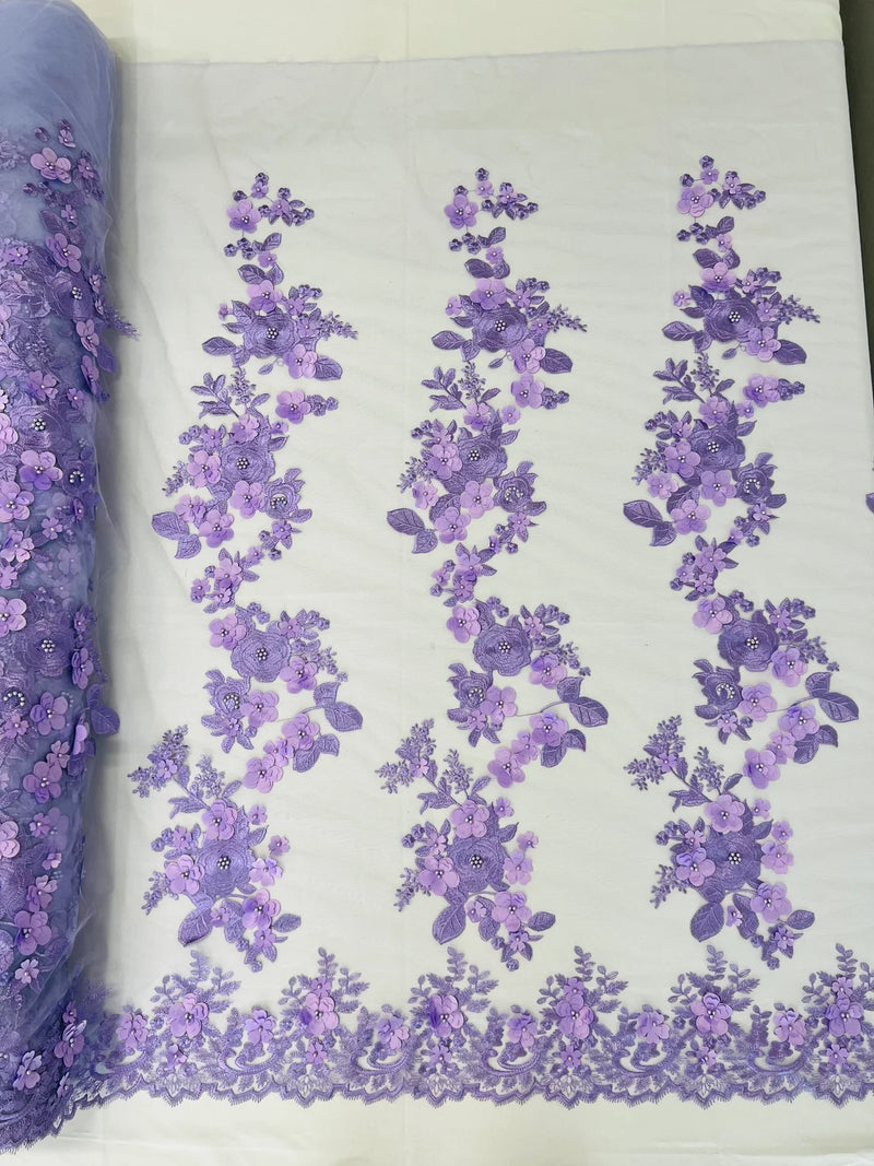Floral 3D Rose Fabric - Lavender - Embroided Rose Flower Design Fabric Sold by Yard