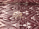 Big Damask Sequins Fabric - Burgundy - 4 Way Stretch Damask Sequins Design Fabric By Yard