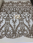 4 Way Stretch - Gold - Sequins Damask Design Fabric Embroidered On Mesh Sold By The Yard