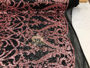 Two Tone Sequins - Pink / Black - 4 Way Stretch Fancy Design Mesh Fabric Sold By The Yard
