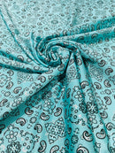 Bandana Print Fabrics - Light Aqua - Lycra Spandex Bandana Fabric Sold By The Yard