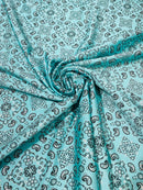 Bandana Print Fabrics - Light Aqua - Lycra Spandex Bandana Fabric Sold By The Yard