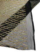 2 Way Stretch Diamond Fabric - Light Gold on Black Mesh - Geometric Diamond Design on Mesh By The Yard