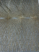 2 Way Stretch Diamond Fabric - Light Gold on Black Mesh - Geometric Diamond Design on Mesh By The Yard